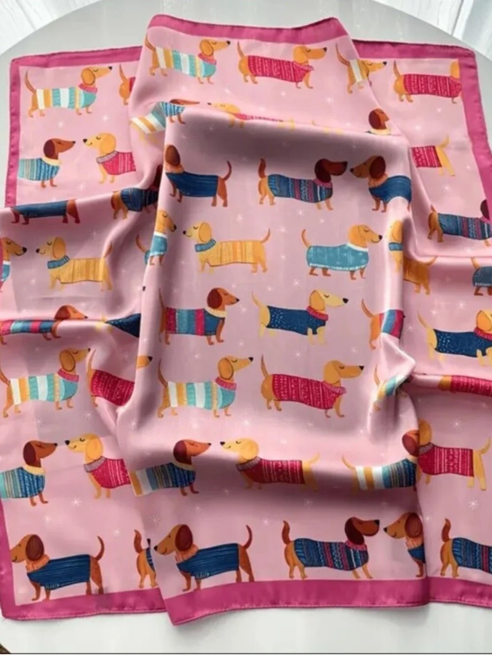 Silk-feel Pink Dachshund-Print Silk Scarf Head & Neck Scarf